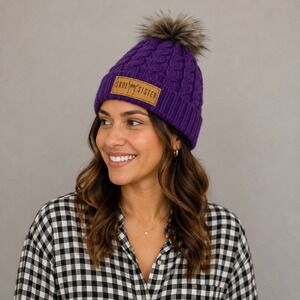 Skol Sister Purple Cable‎ Knit Beanie Faux Fur Pom Pom Viking Fan Hat Apollo USA